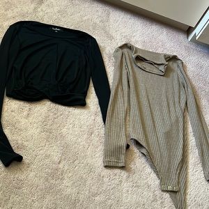 Both long sleeve shirts- tan turtle neck leotard